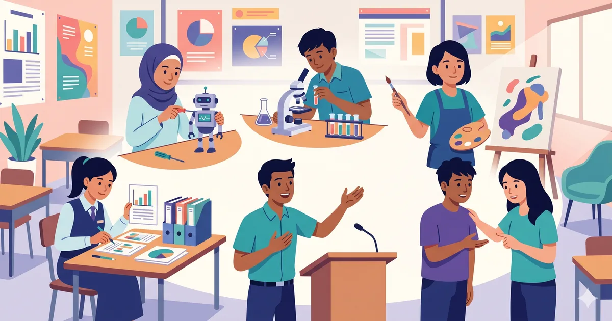 Diagram heksagon RIASEC dengan 6 jenis personaliti berwarna-warni