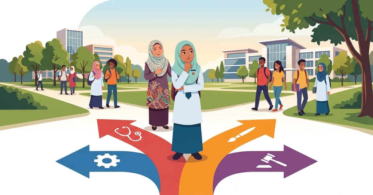 Pelajar Malaysia meneliti katalog kursus universiti dengan serius dan teliti