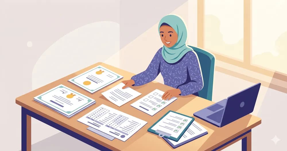 Pelajar menyediakan dokumen permohonan biasiswa dengan teliti
