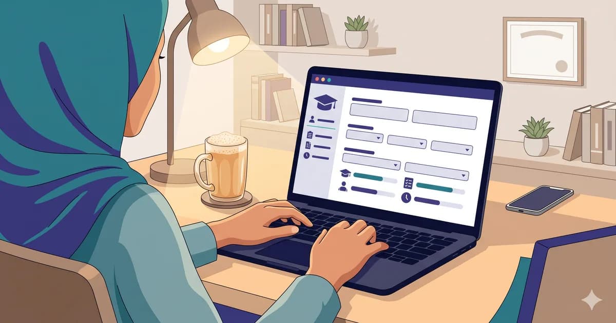 Skrin permohonan UPU online pada komputer riba dengan borang terbuka