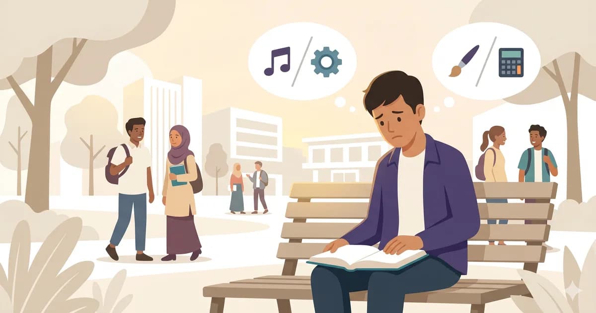 Pelajar universiti kelihatan tertekan dan tidak bermotivasi di meja belajar
