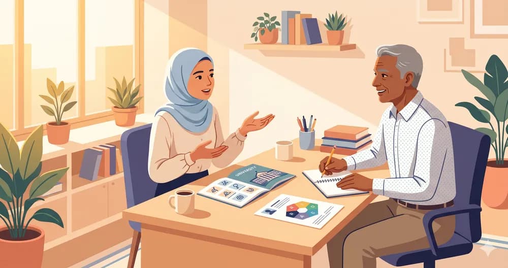 Pelajar dan kaunselor universiti berbincang tentang pilihan kursus yang lebih sesuai